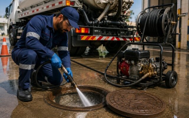 فوهة تسليك بالضغط أثناء العمل داخل غرفة تفتيش بالطائف